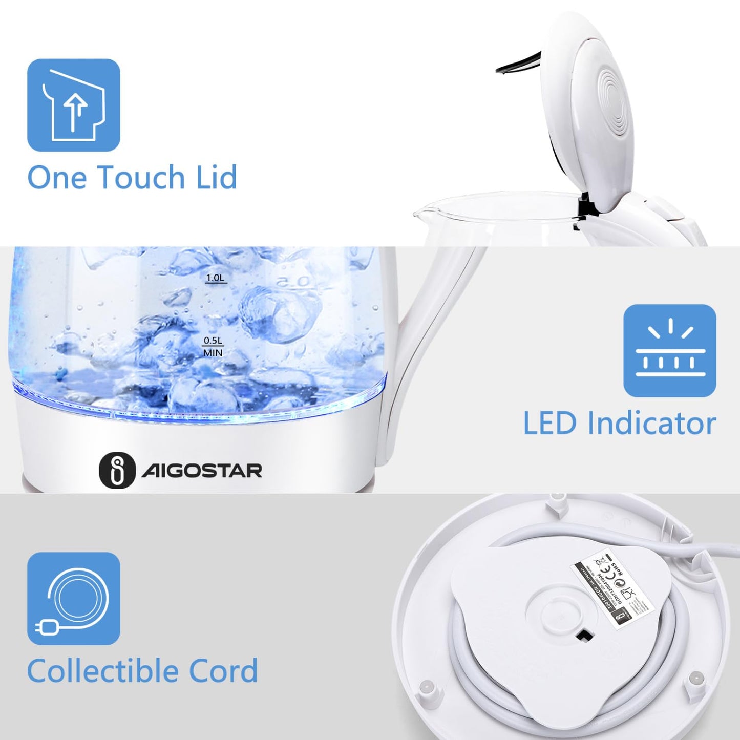 Aigostar Electric Kettle, 1500W Glass Electric Tea Kettle Rapid Heating, Borosilicate Glass, Auto Shutoff and Boil-Dry Protection, Hot Water Boiler BPA Free and Cordless with LED Indicator, 1.7 Liter