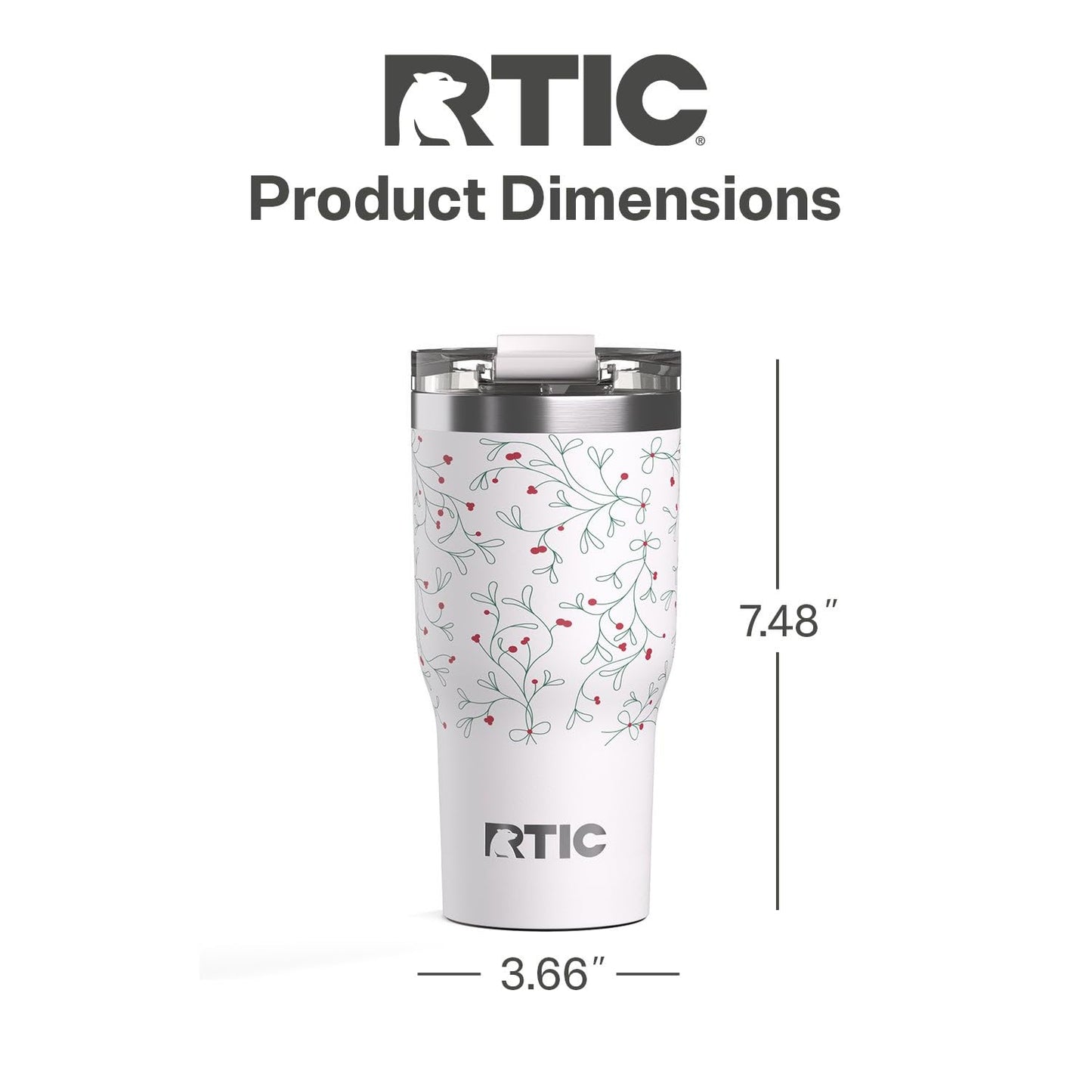 RTIC 20oz Essential Tumbler with Lid, Ceramic Lined, Insulated, Stainless Steel, Metal, Double Wall Vacuum-Insulation, Travel Cup for Iced Coffee, Tea, Hot and Cold Drink, Mistletoe