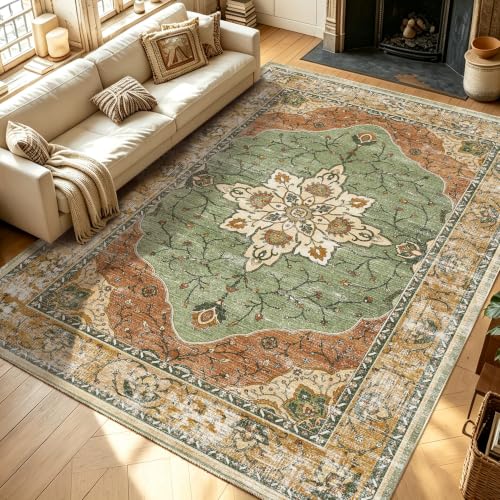 YARNSCAPE 8' x 10' Sage Green & Terracotta Washable Area Rug, Non-Slip Low-Pile Carpet
