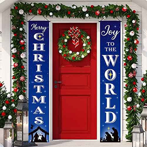Tiamon Christmas Nativity Porch Sign Banner Merry Christmas Door Joy to The World Jesus Religious Banner Front Porch Holy Nativity Xmas Decorations for Home Xmas Holiday Front Door(Blue Style)