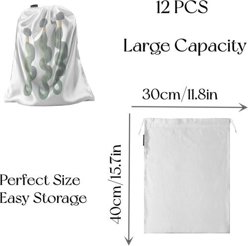 GONGKANGYUAN Satin Wig Bags - 12 Pcs Soft Silk Drawstring Pouches for Hair Extensions | White Storage Solution