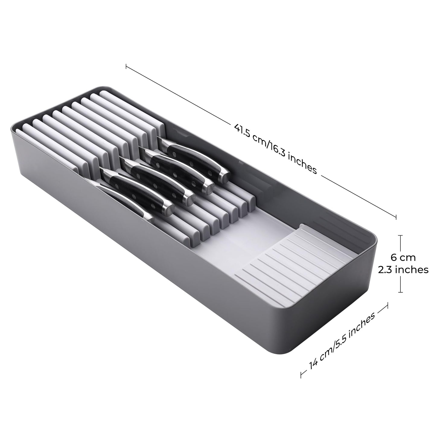 Linoroso Knife Drawer Organizer With In-Drawer Knife Block for 9 Knives, Kitchen Utensil Organizer, BPA Free Secure Storage Tray for Countertop Organization