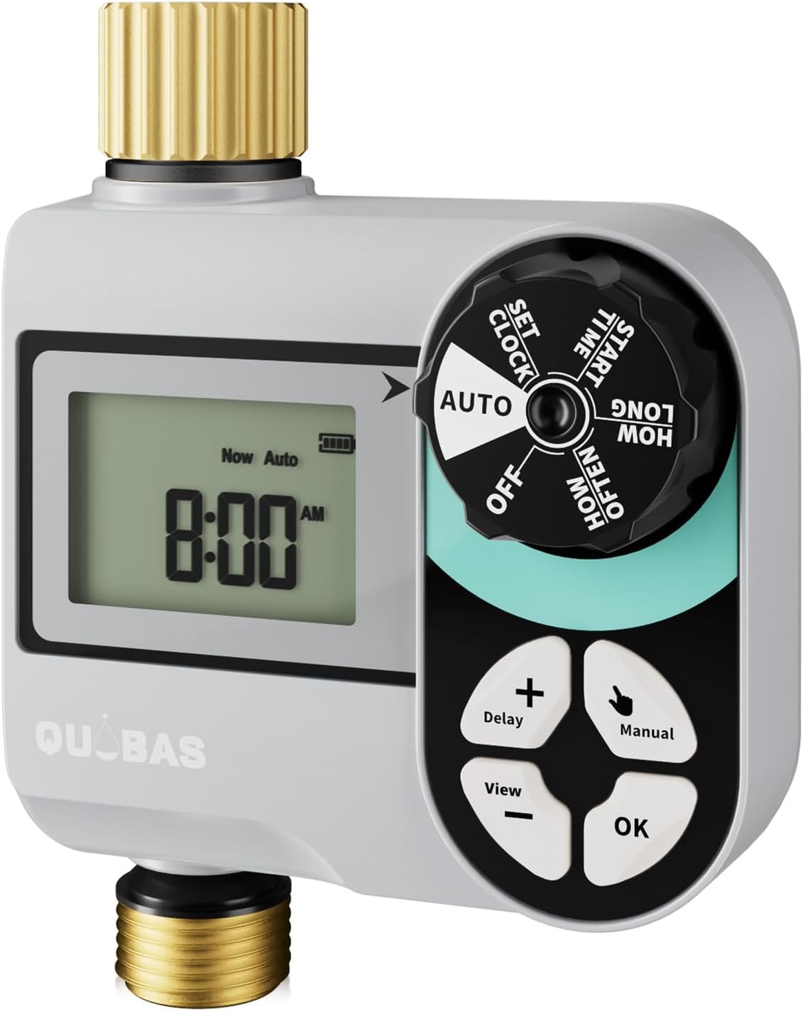 QUOBAS Brass Sprinkler Timer - Programmable Garden Hose Timer with Waterproof HD Screen & Rain Delay
