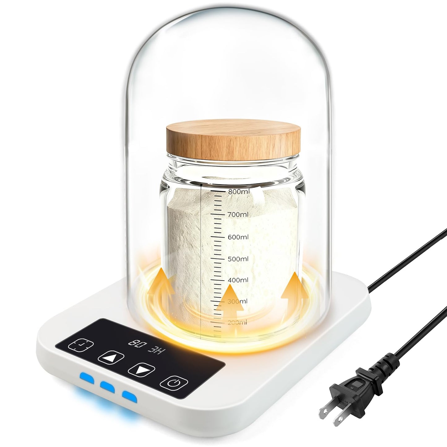 Sourdough Starter Warmer with Glass Dome, 1°F Precise Temperature Control from 70 to 100°F, 0-12H Timer Auto Warming ON/Off, Sour Dough Heating Mat and Glass Cover Set for Baking Fermentation