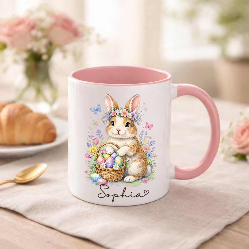Personalized Easter Bunny Coffee Mug, Cute Bunny with Colorful Eggs Basket Ceramic Cup, Custom Spring Gift for Boys Girls, Adorable Rabbit Mug for Family Children Gift Idea 11oz 15oz/Idea4