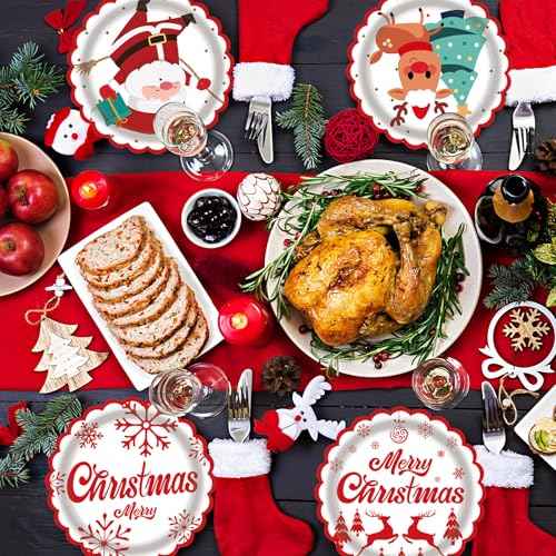 48 Pack Christmas Paper Plates Disposable 7 Inch - 4 Assorted Designs with Santa, Reindeer & Holiday Greetings - Heavy Duty Red & White Holiday Plates for Christmas Party Supplies, Dinner, Dessert