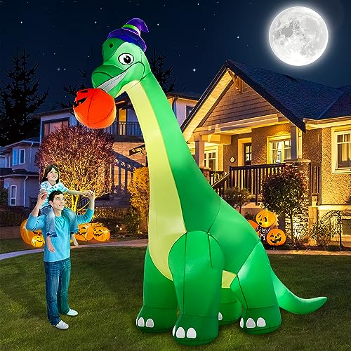 Giant Halloween Dinosaur Inflatable Decoration with LED Lights - 13Ft Yard Blow Up with Pumpkin & Witch Hat for Outdoor & Indoor Holiday Parties