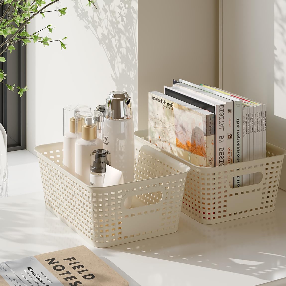 Resze Plastic Storage Baskets - 6 Pack with Lids | Breathable, Stackable Organizer Bins for Home & Office, White