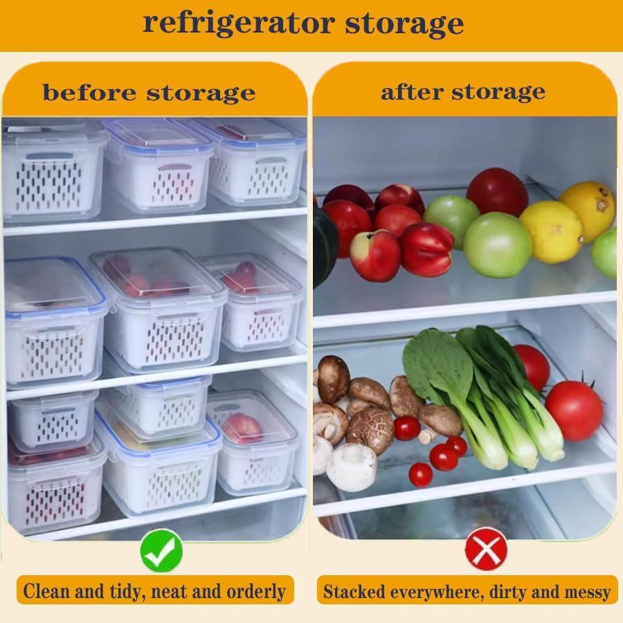 Skiennix 3 PCS Food Storage Containers - Stackable BPA-Free Fresh Keeper Boxes with Lids & Drain Basket