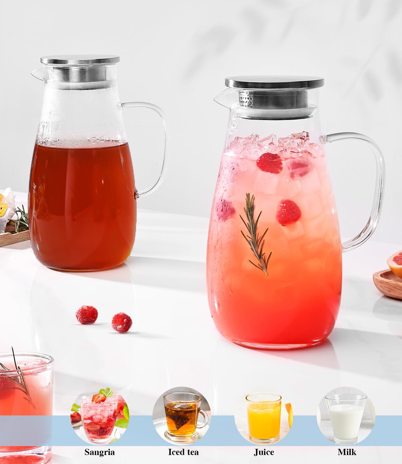LUNA & MANTHA Glass Pitcher with Lid, Water Pitcher for Fridge, 64oz Drink Jug with handle, Borosilicate Glass for Iced Tea, Juice, Milk, Coffee Hot Cold Beverages Carafe 2 Quart