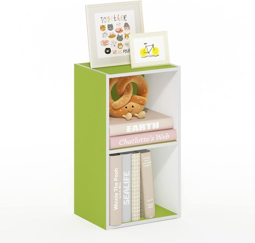Furinno PASIR 2-Tier Modern Bookshelf - Open Shelves Bookcase for Living Room & Home Office | Green/White