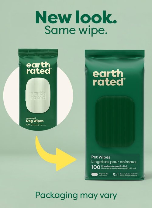 Earth Rated Pet Wipes - Hypoallergenic 3-in-1 Cleaning & Deodorizing for Dogs & Cats | 100 Count