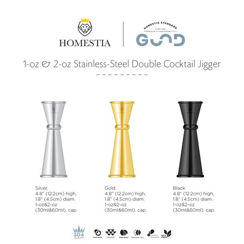 Homestia Premium Japanese Cocktail Jigger - 2 OZ 1 OZ Double Bartending Jigger, Shot Measure Jiggers, 304 Stainless Steel with Measurements - Bar Jigger Bartender Tool Accessories - Silver