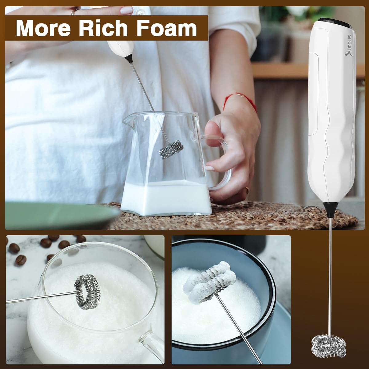 SUPRUS Ultra Fast Handheld Milk Frother - Double Whisk with Stand & 2 Batteries | Stainless Steel for Lattes, Cappuccino & Matcha