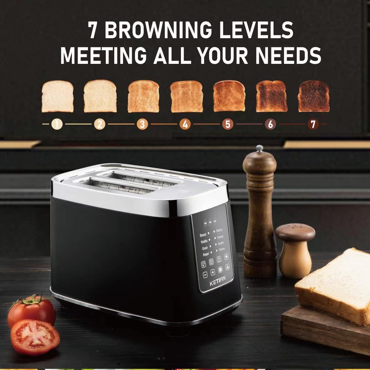 KETIAN Smart Touchscreen 2-Slice Electric Toaster - 7 Browning Settings & Preset Modes for Perfect Toast