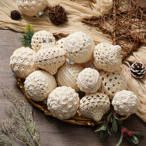 Syhood 24 Pcs Crochet Christmas Ornament Set in Warm White | 5 Styles, 2 Sizes