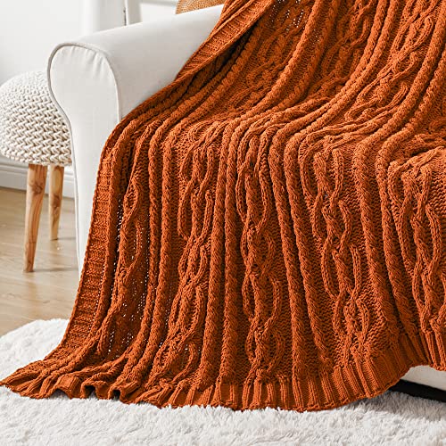 Battilo Caramel Rust Orange Throw Blanket for Couch 51x67 Cable Knit Chenille