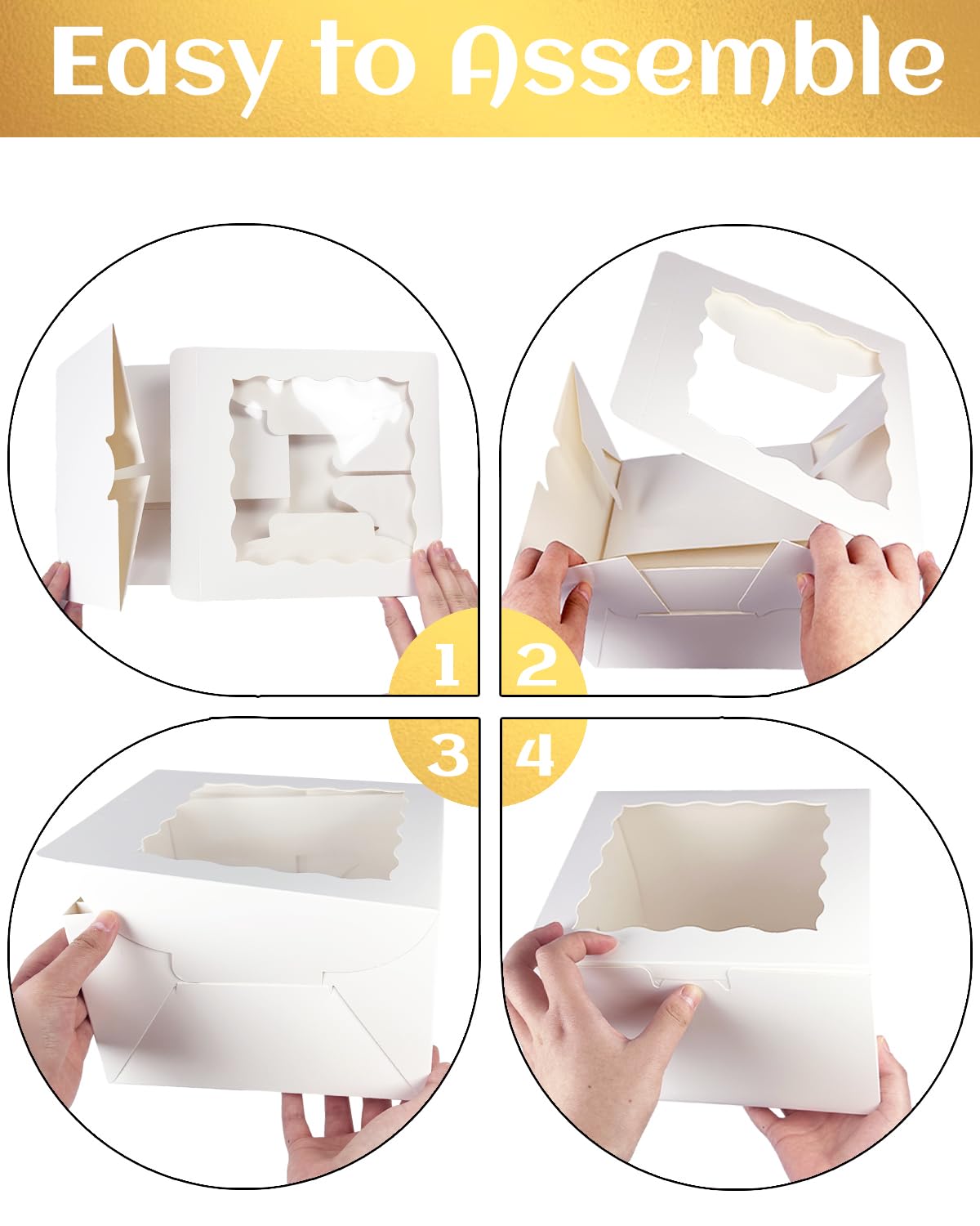 qiqee 10x10x5 Cake Box, 4 Sets White Cake Box with Window ＆ 4 Sets 10" White Cake Round Boards, 10inch Cake Containers