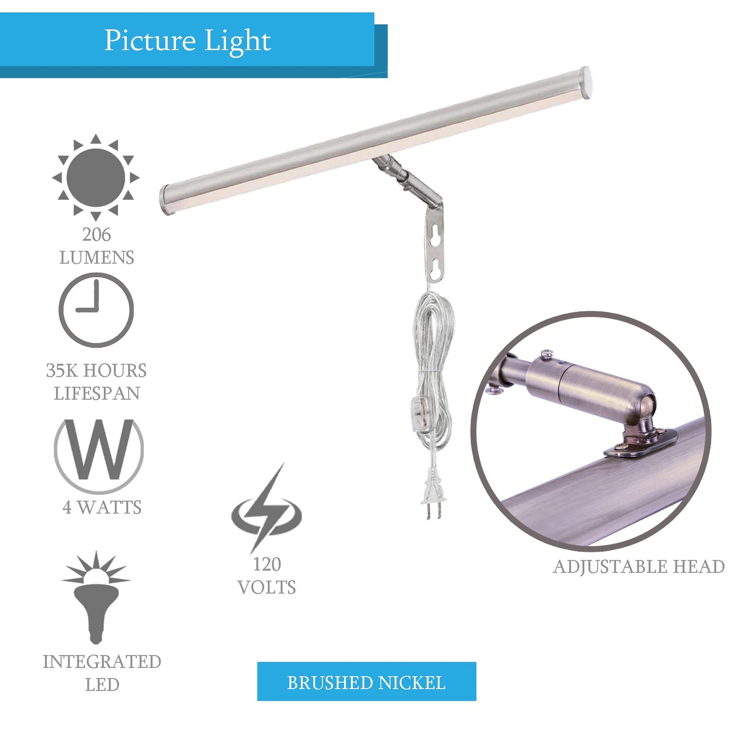 Ciata Picture Light, 14-Inches Picture Frame Light Integrated LED Art Light, 3000K 4 Watt Adjustable ‎Metal Picture Lights for Wall, Artwork Light with in-line On/Off Switch, CRI -90, Brushed Nickel