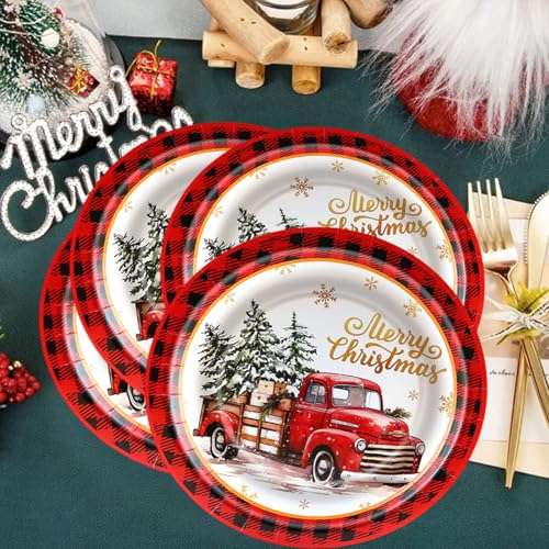 Christmas Paper Plates 24 Pack 9 Inch Rustic Truck & Red Plaid Holiday Dinnerware