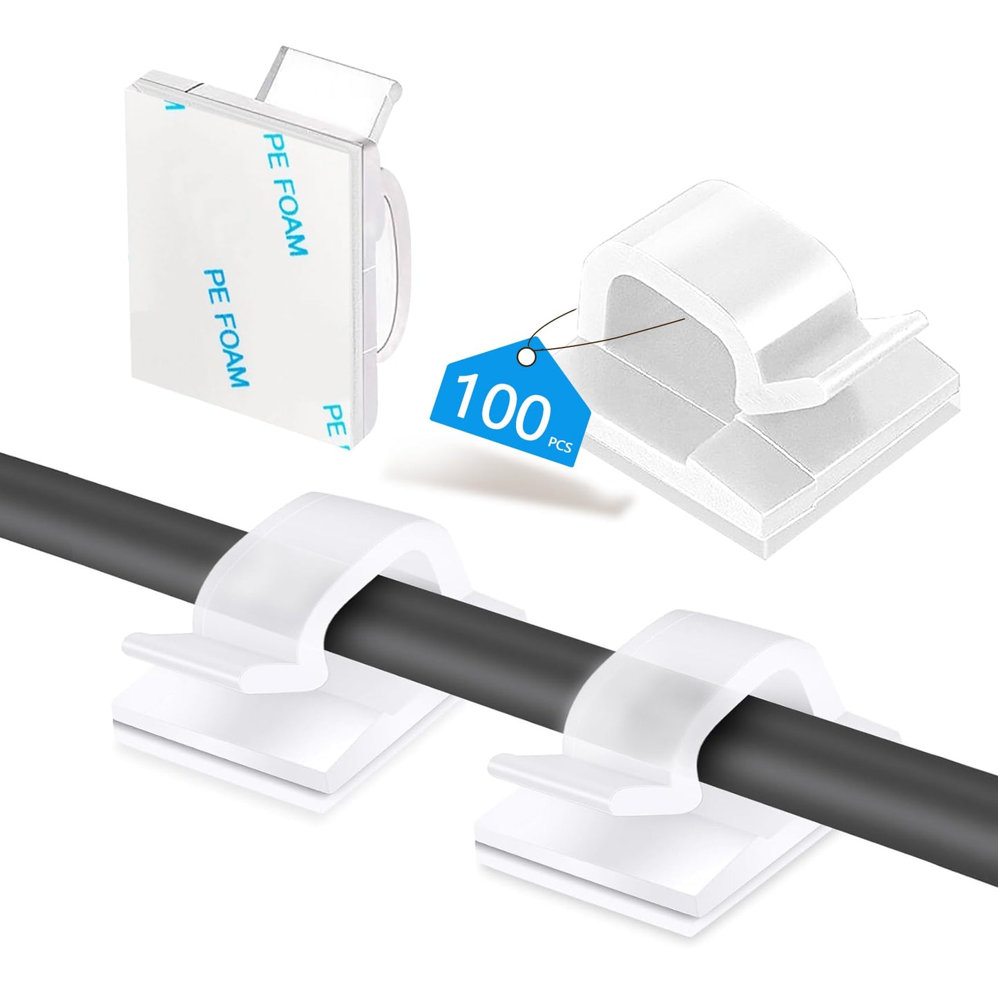 Abnii 100PCS Cable Clips, Adhesive Wire Clips Organizer Cord Clips Management, Cable Staples Outdoor Strong for Wall, Desk, Christmas Lights, String Lights, TV PC Ethernet Cable, Clear Small