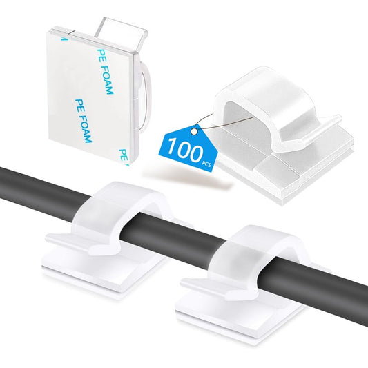 Abnii 100PCS Cable Clips, Adhesive Wire Clips Organizer Cord Clips Management, Cable Staples Outdoor Strong for Wall, Desk, Christmas Lights, String Lights, TV PC Ethernet Cable, Clear Small