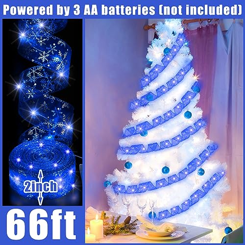 Blue Christmas Ribbon Lights 2in x 66ft 100 LED Battery-Operated Decorative Ribbon