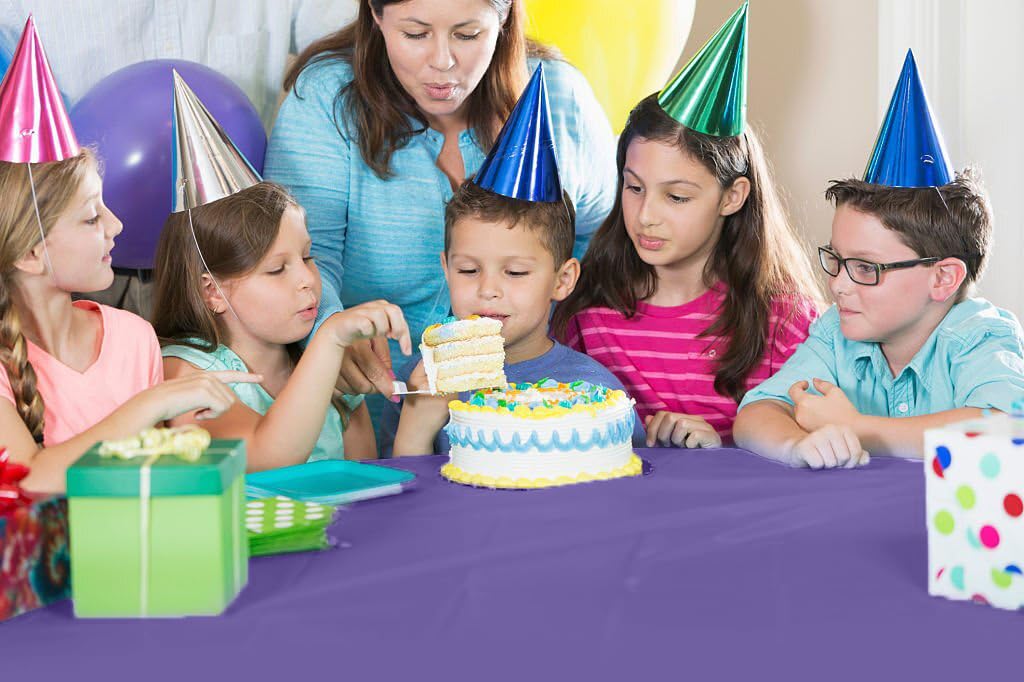 Party Solids 54 Inch X 100 Feet Purple Plastic Table Cover Roll in A Cut - to - Size Box with Convenient Slide Cutter. Cuts Up to 12 Rectangle 8 Feet Plastic Disposable Tablecloths