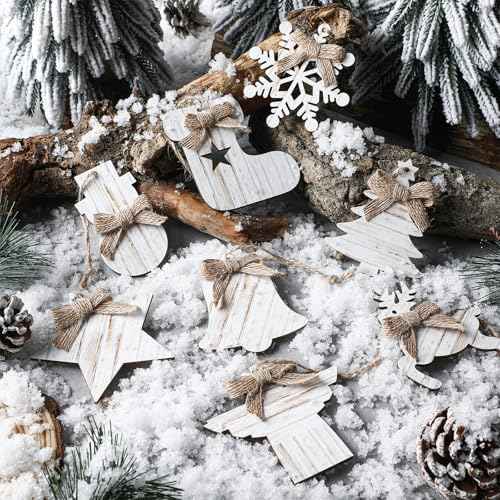 8 Pcs Rustic Christmas Tree Ornaments Wooden Angle Snowflake Reindeer Ornaments Farmhouse Christmas Tree Hanging Decorations for Xmas Home Office Fireplace Mantel Winter Party (White)