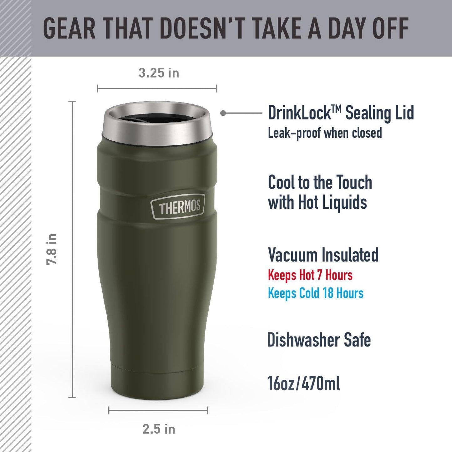 THERMOS Stainless King Vacuum-Insulated Tumbler - 16oz Army Green | Leak-Proof Coffee Cup for Hot & Cold Drinks