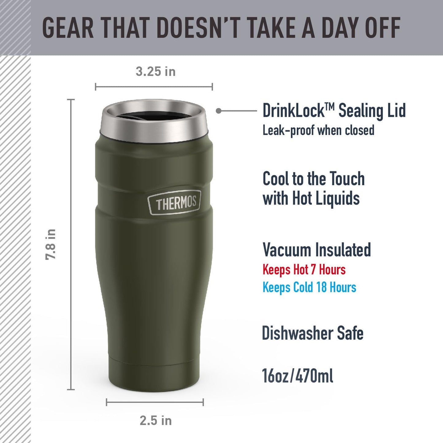 THERMOS Stainless King Vacuum-Insulated Stainless Steel Tumbler - 16oz, Army Green - Insulated Coffee Tumbler for Hot & Cold Drinks - Leak-Proof & Sweat-Proof for Commuting & Traveling
