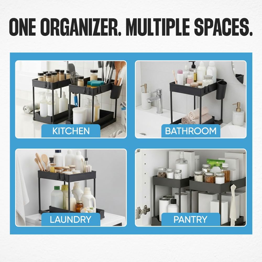 Undersink Organizer - 2-Tier Storage Rack with Sliding Drawers for Kitchen & Bathroom - Black