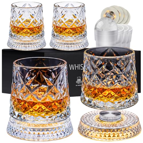4PCS Spinning Whiskey Glass Set 9.5oz Lead-Free Crystal with LED Bases & Ice Molds