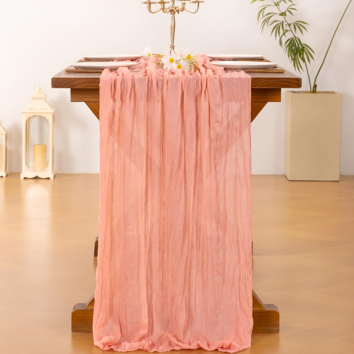 Socomi Coral Peach Summer Cheesecloth Table Runner Boho Rustic Gauze 120 inch 10FT Cheese Cloth Sheer Runner for Wedding Party Baby Shower Birthday Home Decor Holiday Decorations