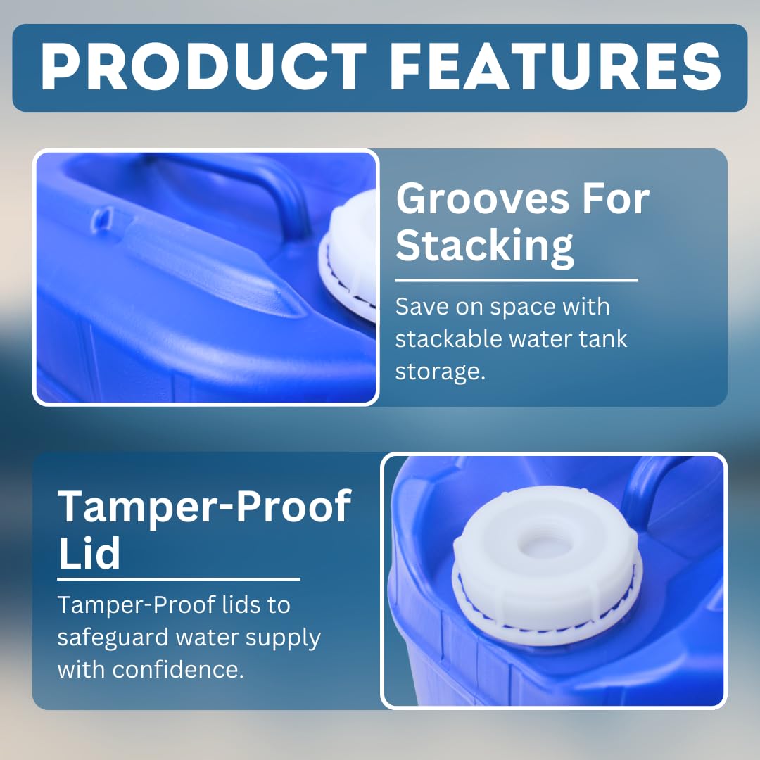 Aguaprep 5-Gallon Stackable Water Storage Containers, 5 Gallons Each w/Lids + Spigot, Easy Fill, Survial Supply Emergency Water Storage for Camping and Disaster Preparedness, RV, 10 Gallon (2 Tanks)