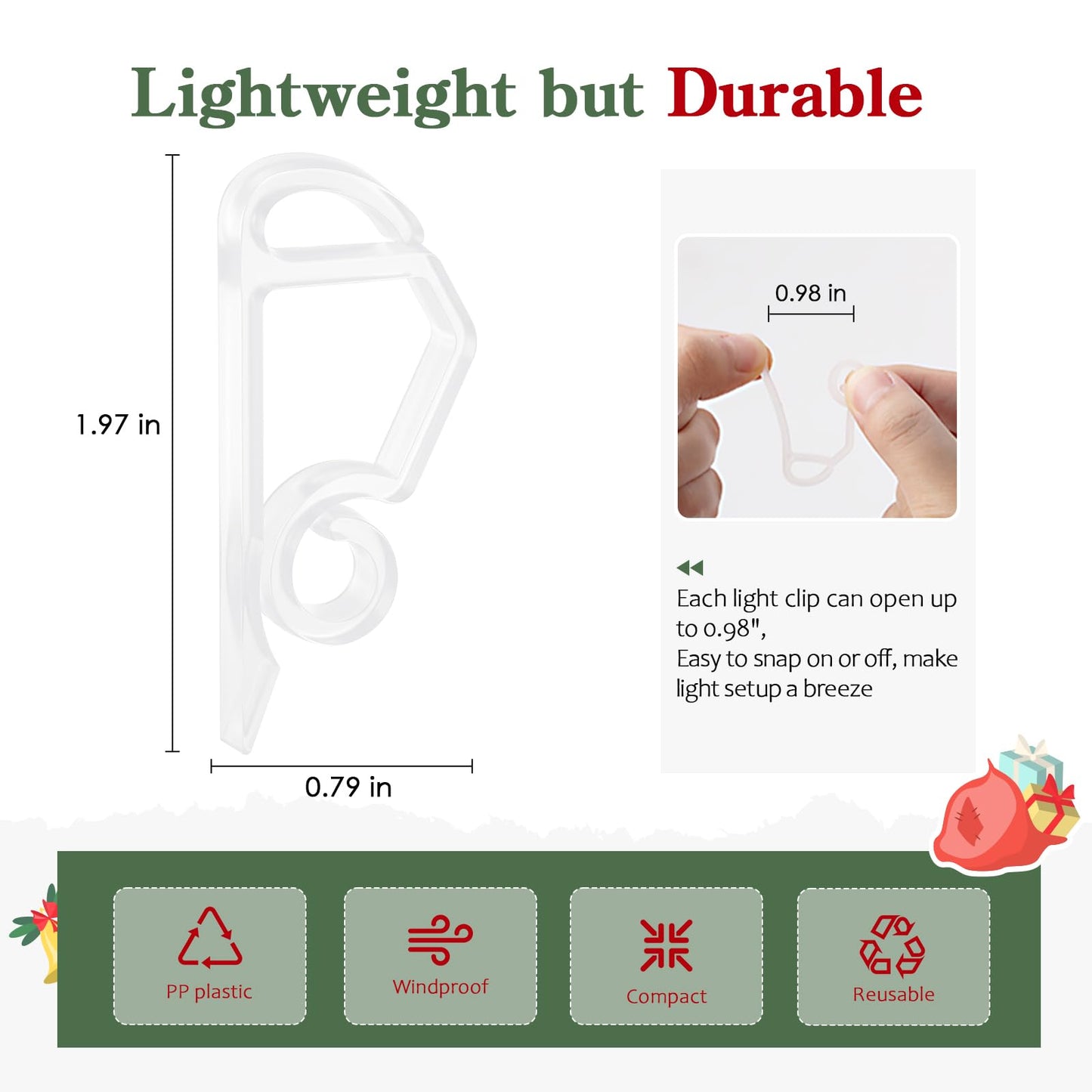 MEILIDY Christmas Light Clips, Weatherproof Plastic Gutter Clips for Hanging Outdoor Holiday Seasonal String Lights, Clear, 100 Pcs