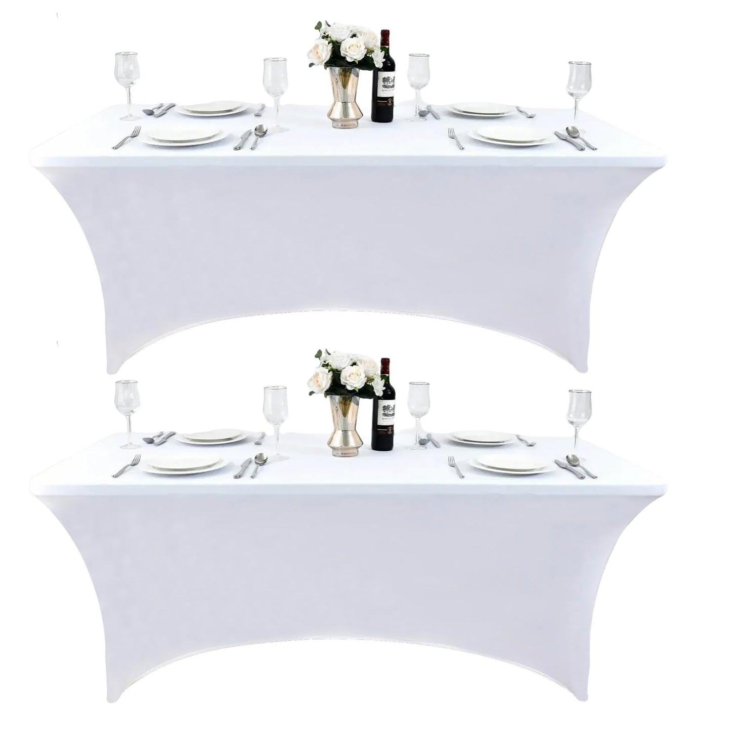ZarzaaSik 2-Pack 6ft White Spandex Table Covers for Rectangle Standard Folding Tables - Wrinkle Resistant Stretch Tablecloths - Ultimate Fitted Table Protector for Parties, Trade Shows, Banquet