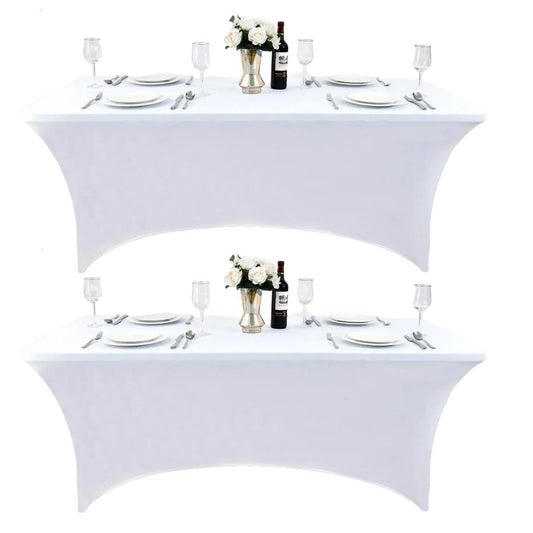 ZarzaaSik 2-Pack 4ft White Spandex Table Covers for Rectangular Folding Tables - Wrinkle Resistant Stretch Tight Table Cloths - Ultimate Fitted Table Protector for Parties, Banquet, and Wedding