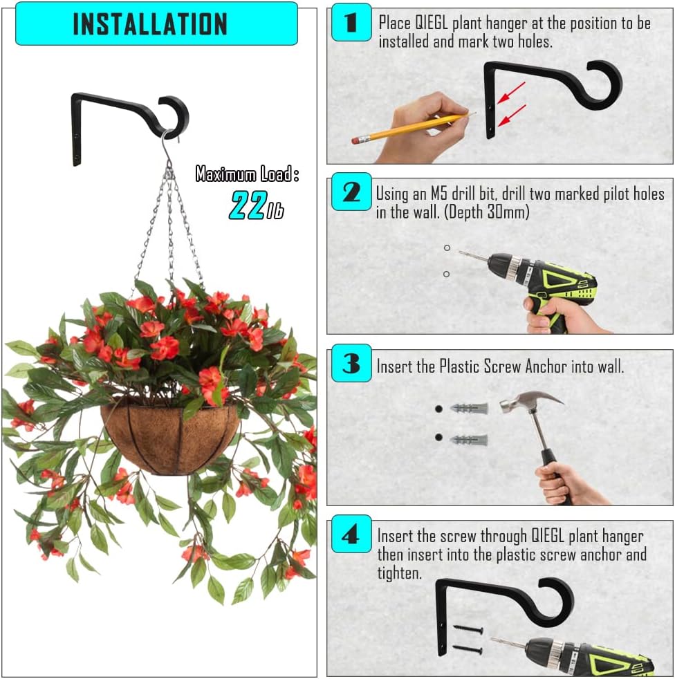 QIEGL Metal Hanging Plant Bracket - 6-Inch Decorative Shepherd's Hook for Indoor & Outdoor Use | 2 Pack (Black)