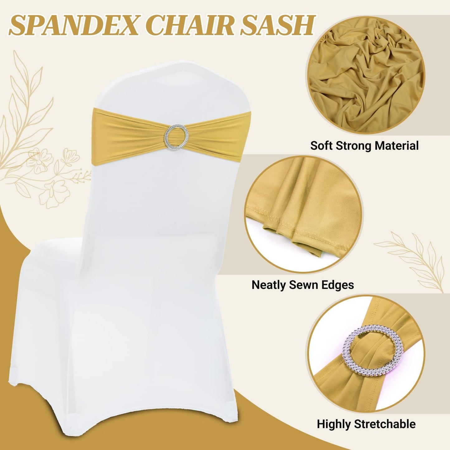 MDS Spandex Chair Sashes - Premium Stretch Covers with Buckle Slider | Universal Fit for Weddings & Events - Gold (Pack of 50)