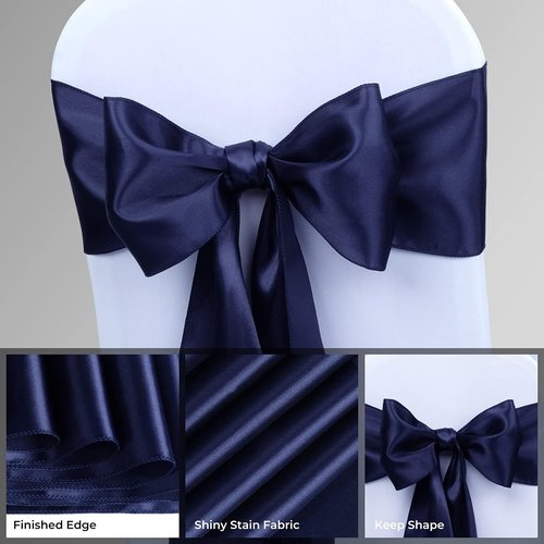 Babenest Satin Chair Sashes - Upgraded 50 Pcs Chair Ribbons & Bows for Weddings | Navy Blue