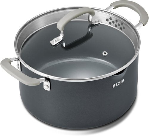 BEZIA Nonstick Stock Pot - 6 Quart PFAS-Free Ceramic Soup Pot with Strainer Lid | Induction Compatible, Dishwasher Safe