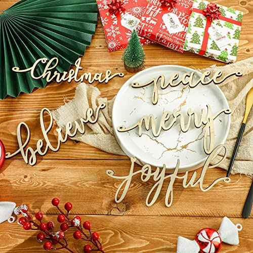 Jetec 10 Pcs Christmas Beige Letter Cutout Sign Wooden Word Sign Ornaments Letter Hanging Craft for Xmas Tree Merry Joyful Peace Believe Cutout Plates Table Decors for Rustic Farmhouse Winter Home