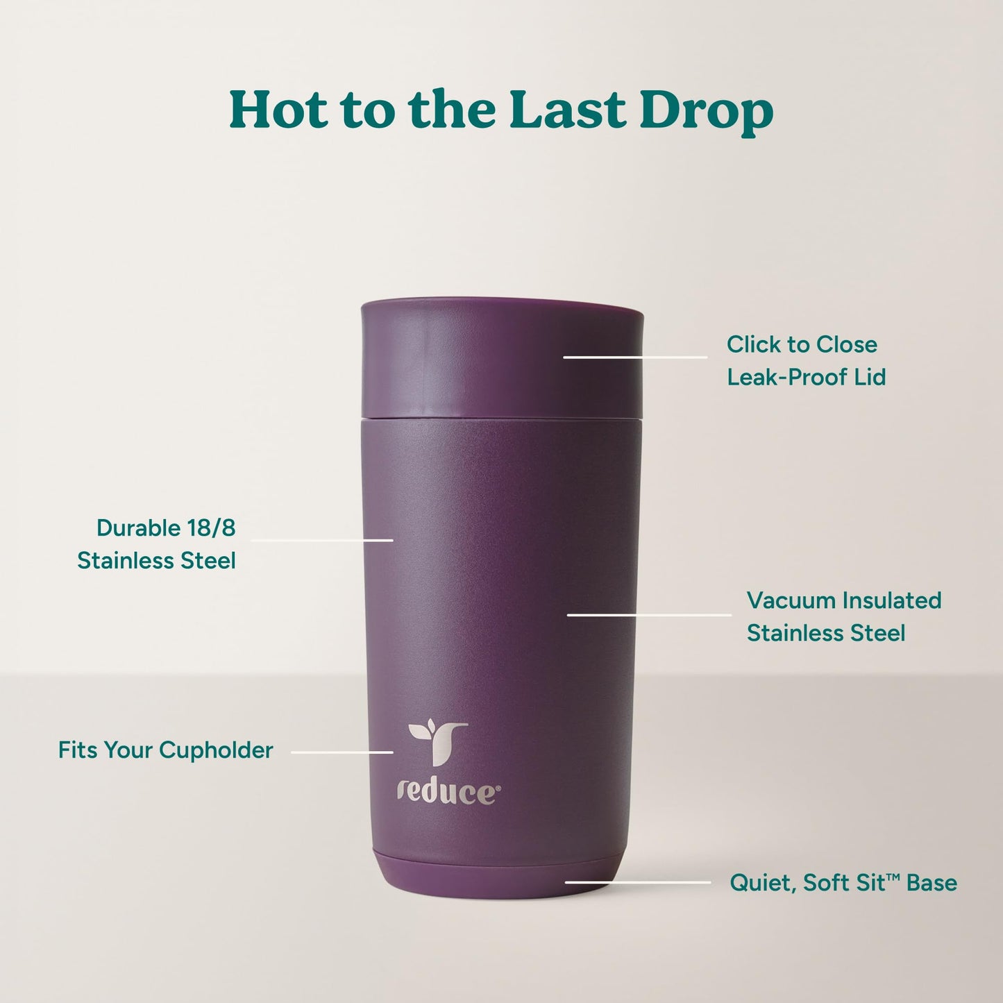 REDUCE Perk 10oz Insulated Coffee Tumbler – Leak-Proof with Lockable Lid and Vacuum Insulation–Durable Stainless Steel–Fits Car Cup Holders–One-Handed Travel Mug in Sand Leopard Print - Midnight Plum
