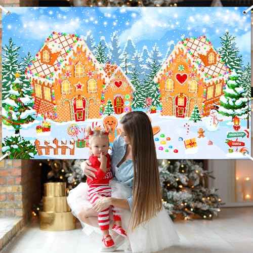 Avezano Christmas Gingerbread House Backdrop Winter Merry Xmas Gingerbread House Banner Gingerbread Christmas Banner for Kids Newborn Baby Shower Birthday Party Decorations (6x3.6ft)