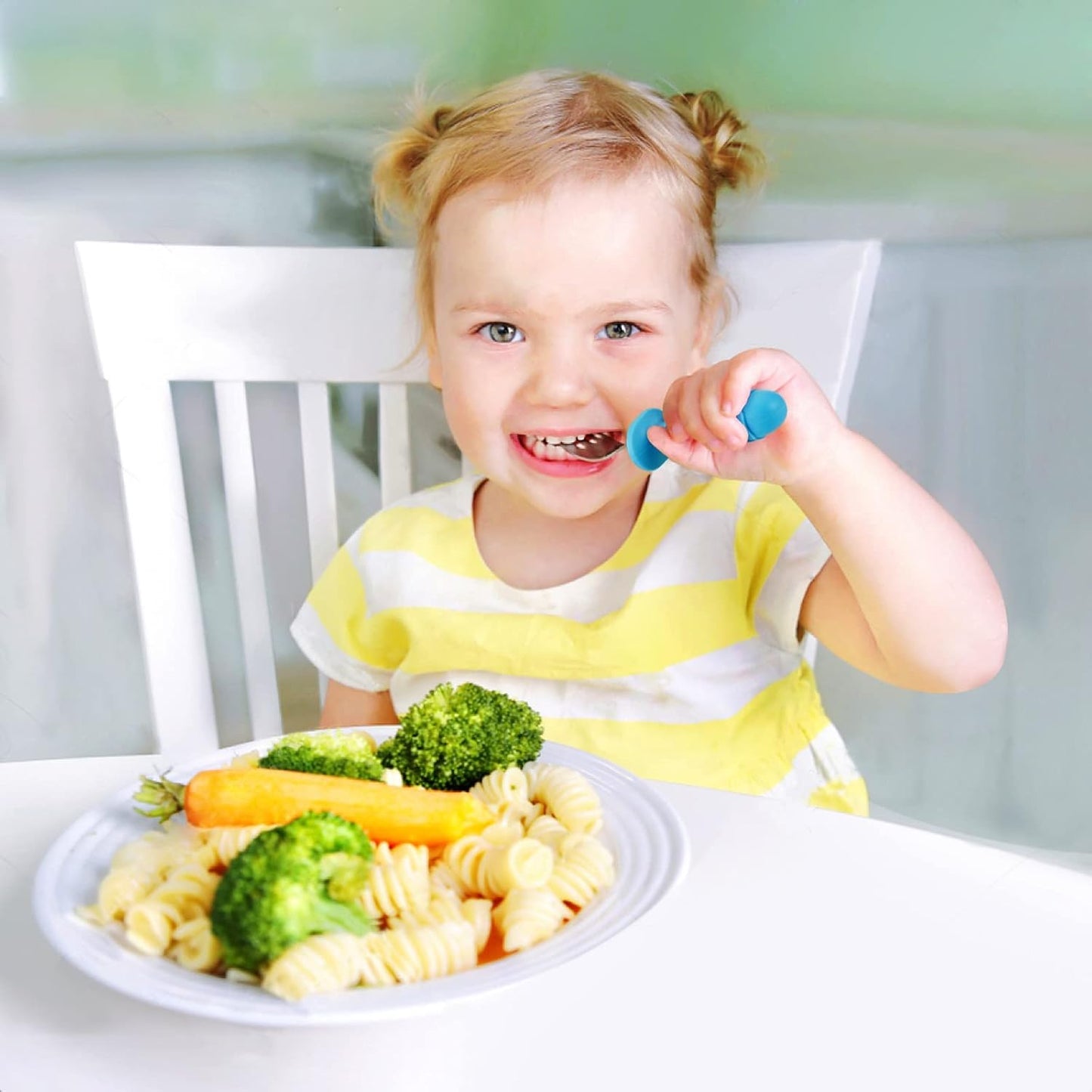 PandaEar Baby Toddler Utensils Set - 6-Piece Silicone & Stainless Steel Silverware | BPA-Free, Anti-Choke Design (Blue, Pink, White)