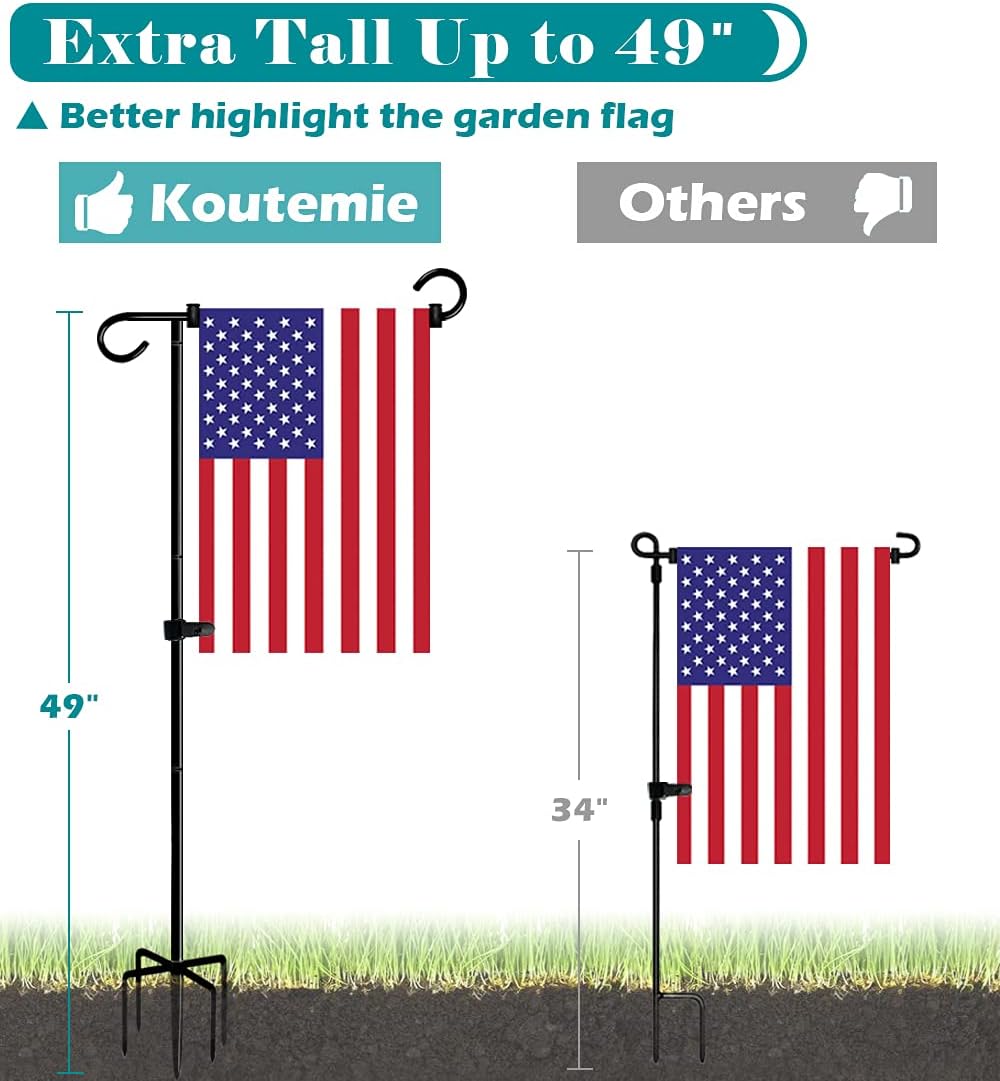 Koutemie Garden Flag Stand Holder - 49 Inch Extra Tall with 5 Prong Base for 12 x 18 Flags | Matte Black