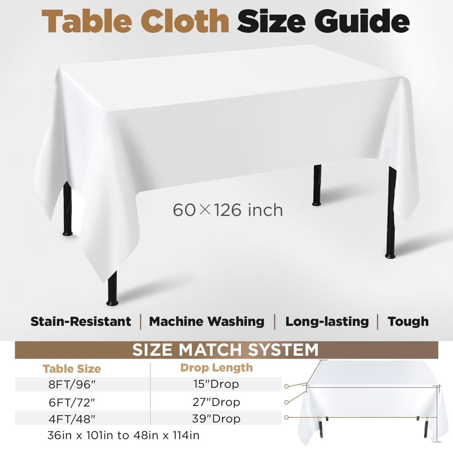 White Tablecloths for Rectangle Tables 10 Pack 60 x 126 Inches Reusable and Washable Table Clothes for 6-8 Ft Tables Polyester Fabric Wrinkle Resistant Heat Proof Table Covers for Wedding Party
