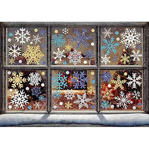 Whaline 541Pcs Winter Snowflake Window Clings Stickers Double-Sided White Silver Blue Gold Christmas Window Decals for Frozen New Year Home Shop Windows Glass Display Decoration, 9 Sheets