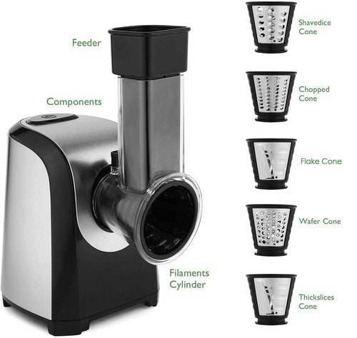 Electric Cheese Grater, 150W Electric Slicer Shredder with 5 Different Blades, One-Touch Control Salad Maker for Home Kitchen Use, Electric Cheese Grater for Block Cheese, Fruit, Vegetables, BPA-Free